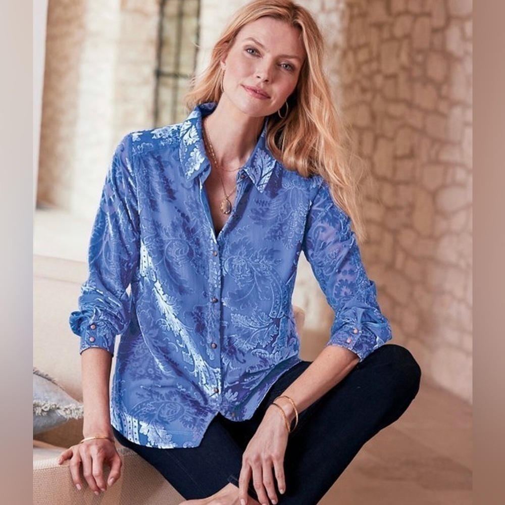 Soft Surroundings velvet blouse floreat  in sapphire blue NEW Size XS